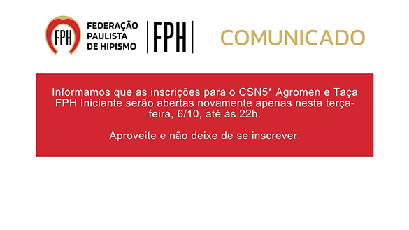 Inscrições para o CSN5* Agromen e Taça FPH abertas até 22h de 6/10